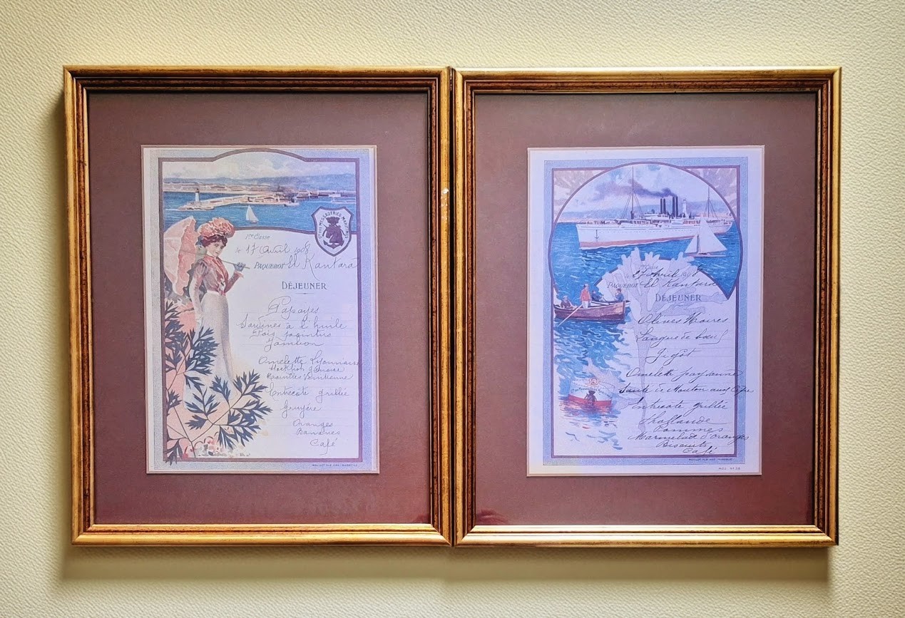 Framed Reproduction 1908 French Cruise Line Dinner Menu's Set of Two