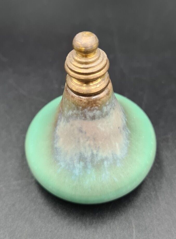 Vintage Miniature Pottery Green Teal Brass Perfume Scent Bottle Vanity Handmade