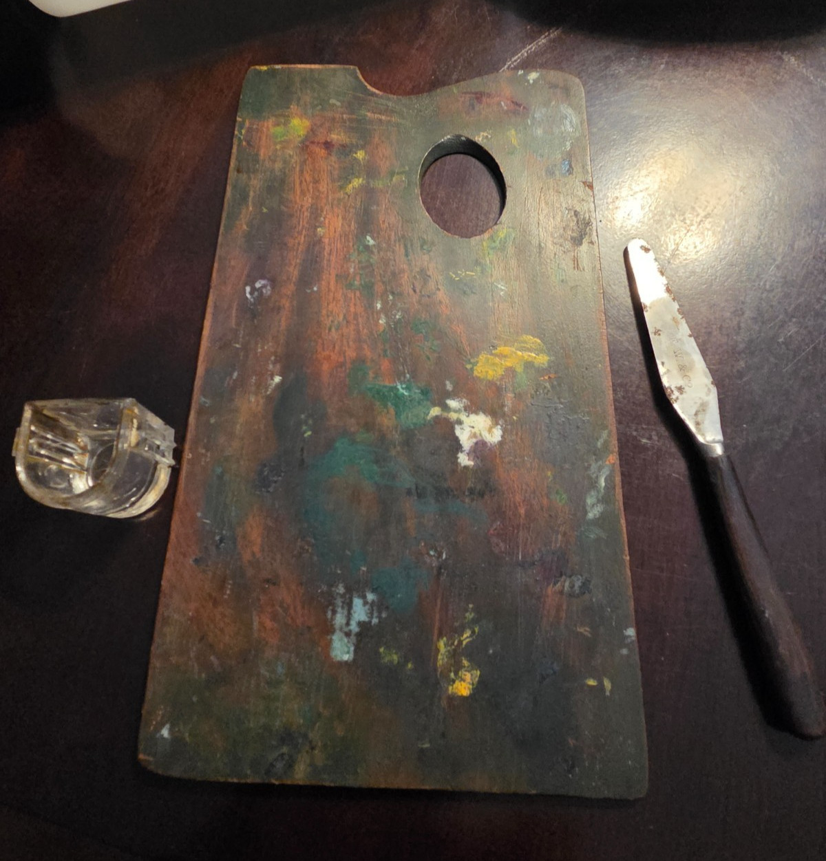 1800\'s Artist Set, Wood Pallet Oval Thumb, Pallet Knife F.W.& Co.Heavy Glass...