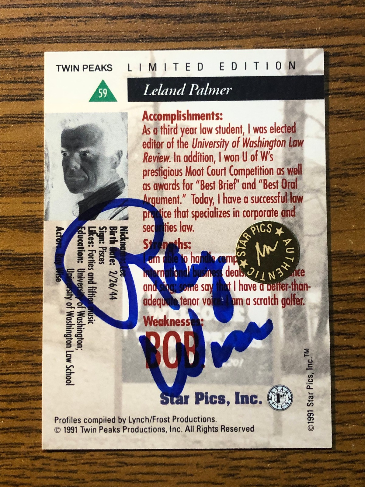 1991 Star Pics Twin Peaks RAY WISE Leland Palmer Autographed card RARE