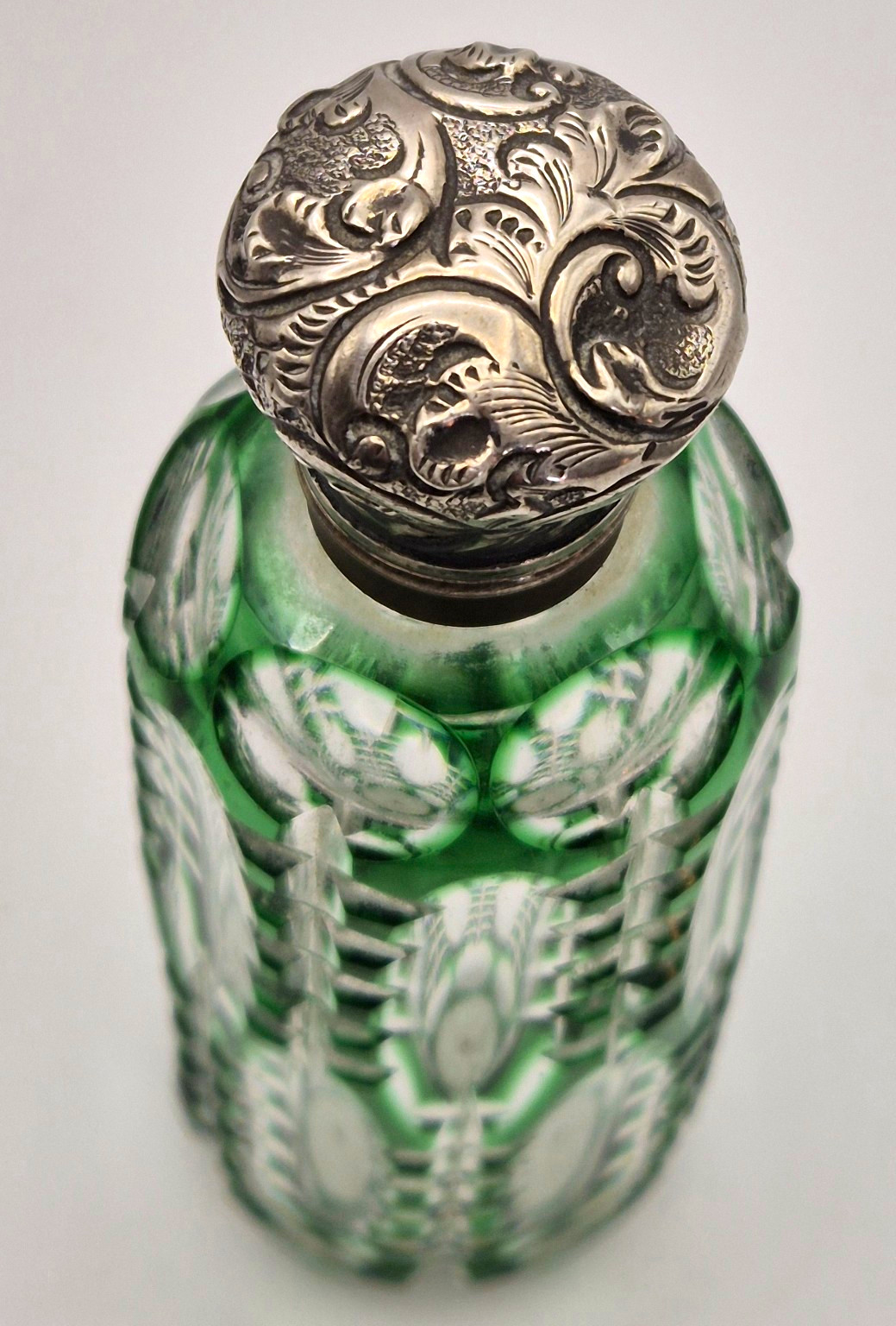 Antique Victorian Emerald Green Cut Glass Scent Bottle Silver Top SPARES REPAIR