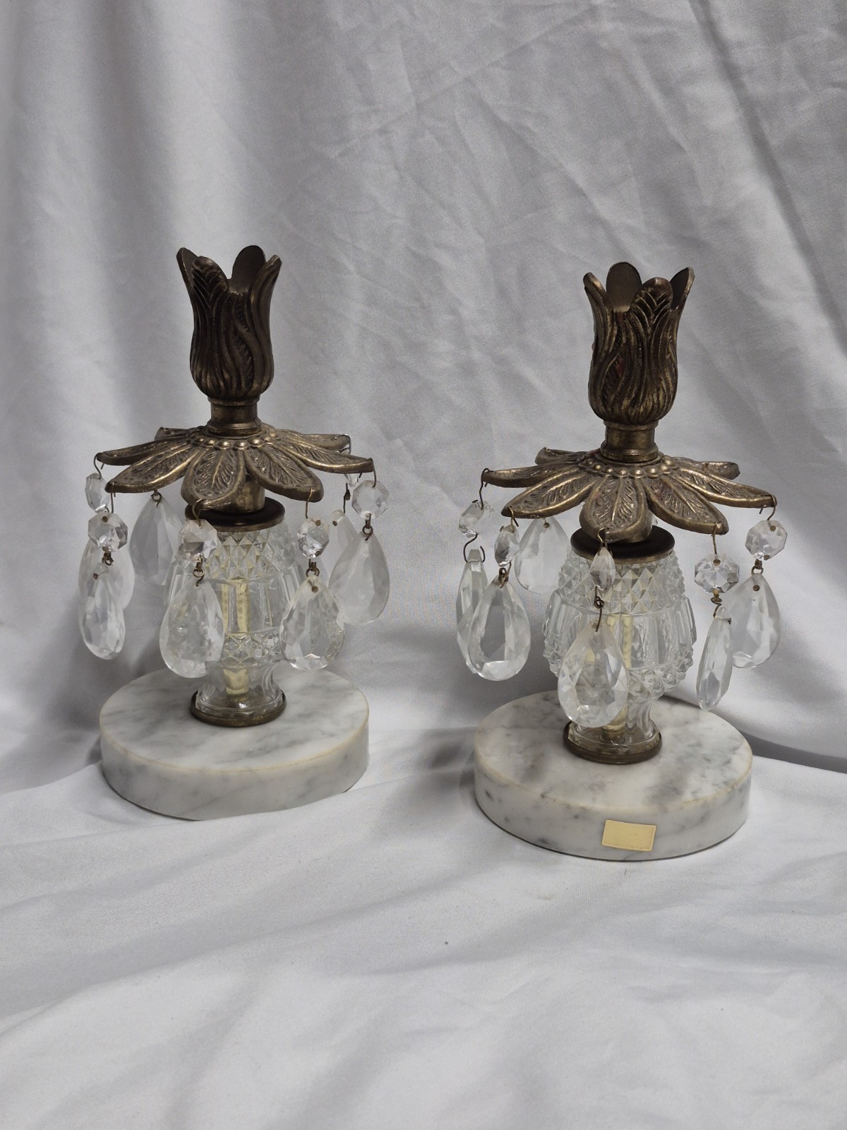 VTG Hollywood Regency Brass Crystal Candlestick Holders Italian Carrara AS IS
