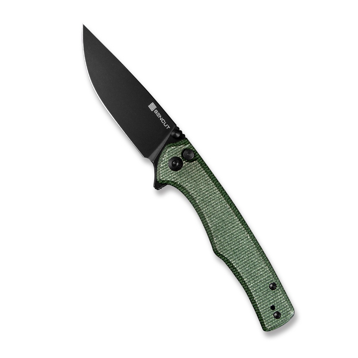 SENCUT Crowley Folding Knife 3.48 in Green Micarta D2 Drop Point Black Stonewash