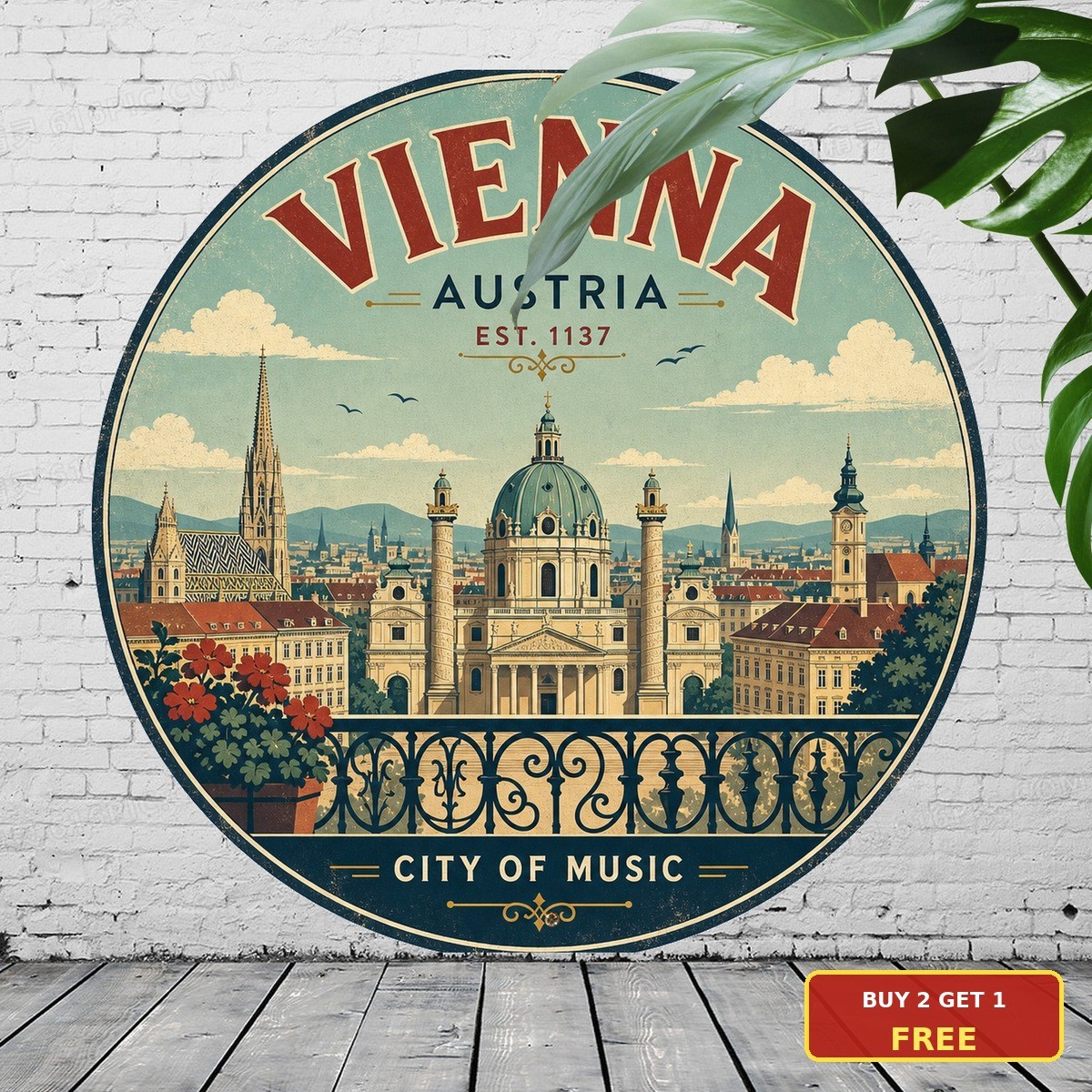 Historic Vienna Austria Landmark Travel Souvenir Round Metal Wall Plaque 8x8