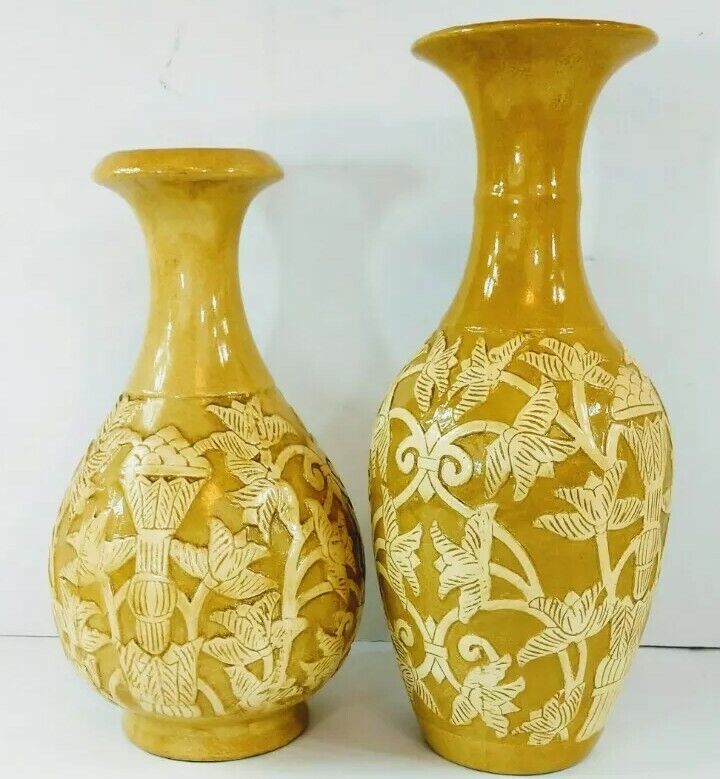  2 Mid-Century Yellow Gold Saffron Vases  Baum Brothers Boho Daffodils Spring