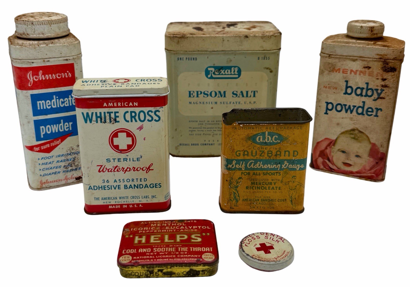 Vintage Pharmacy Tin Lot Johnsons Rexall Mennen White Cross ABC Gauze & Floss