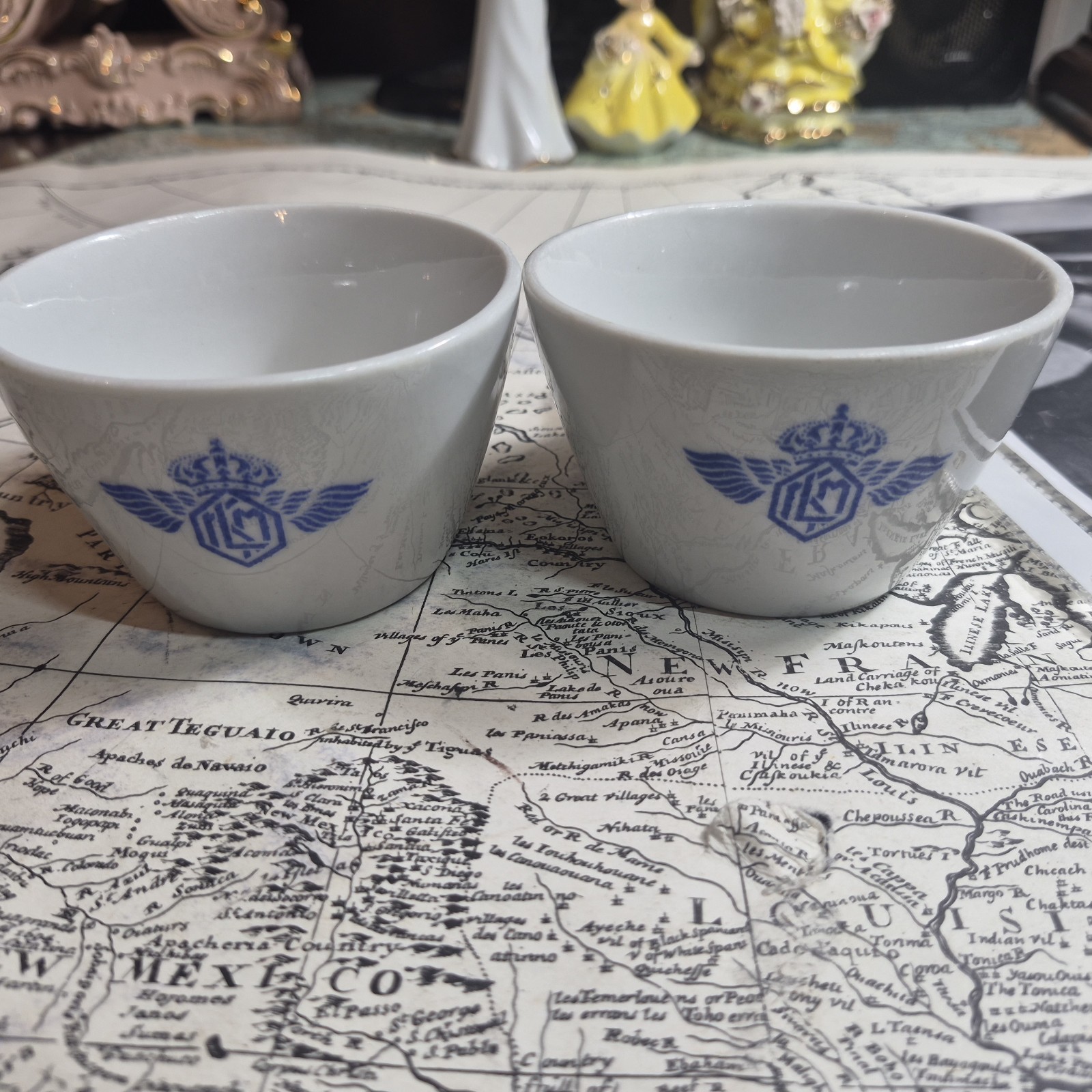 Vintage KLM Royal Dutch Airlines Petrus Regout Porcelain Cups Pair 1935-55