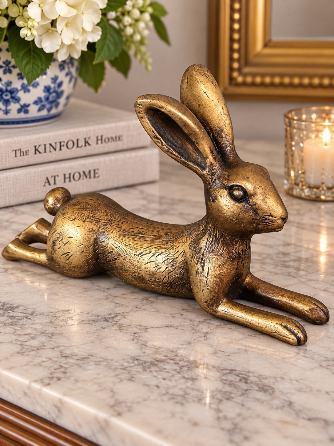 ONE Antique Gold Bunny Rabbit Bookend Shelf Sitter VTG Style Bookend Figurine 9”
