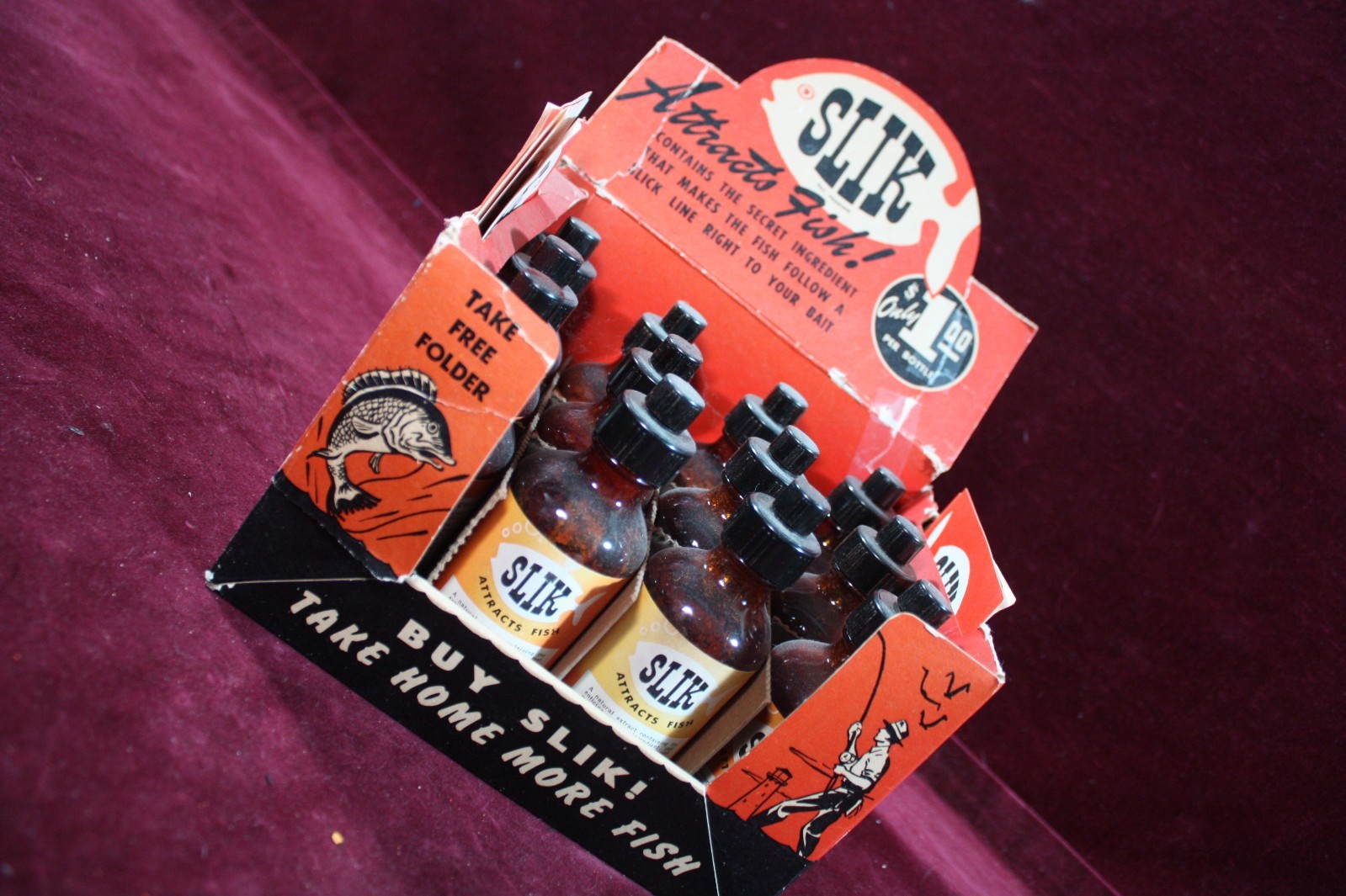 *  VINTAGE FISHING SLIK FISH ATTRACTANT STORE DISPLAY FULL NOS 1950s OLD TACKLE*