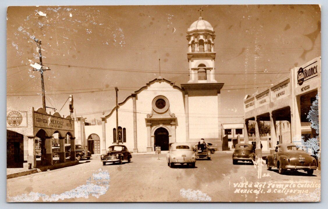 Vintage MEXICALI Mexico Catholic Temple Street Scene 1950s Rppc