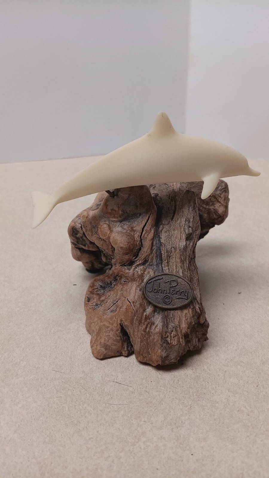 Vintage John Perry Pellucida White Dolphin Sculpture on Natural Burl Wood Base