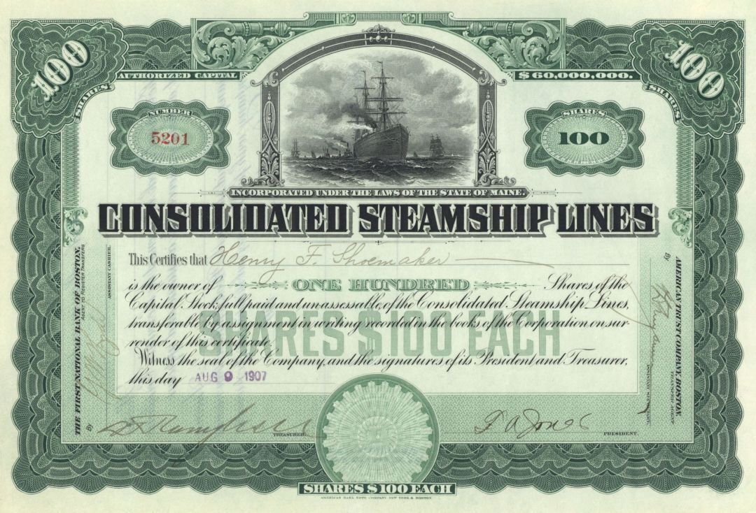 Consolidated Steamship Lines - 1907 dated Stock Certificate - Gorgeous Design - 