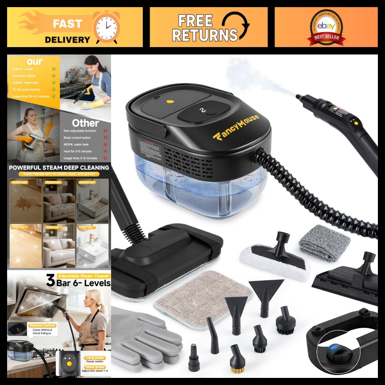 Steam Cleaner, 3-Level Adjustable Handle 1500W Steamer for Cleaning