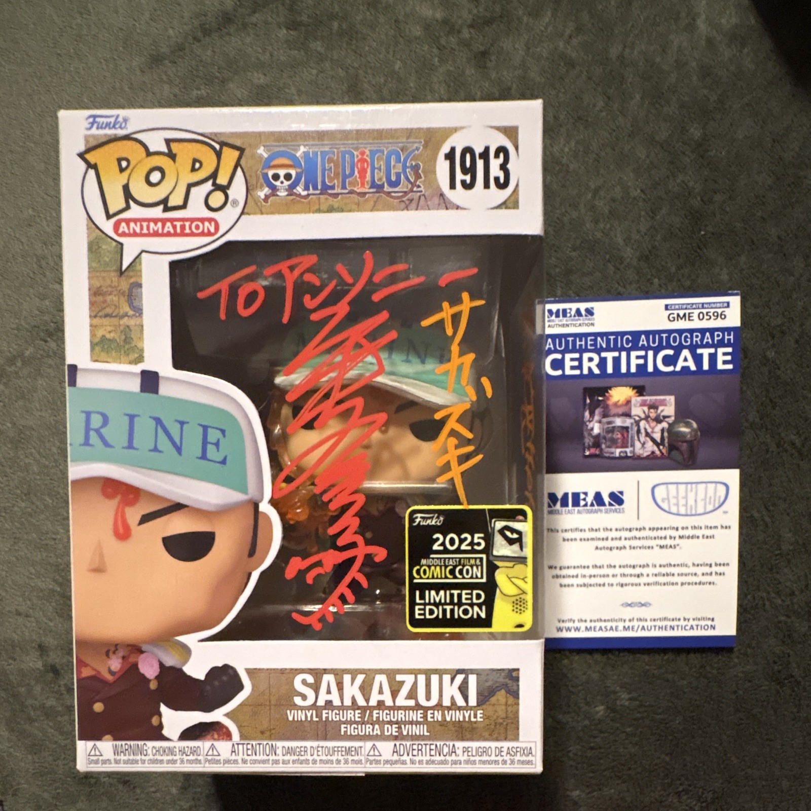 Funko Pop One Piece: Sakazuki Signed By JVA Fumihiko Tachiki With MEAS Coa