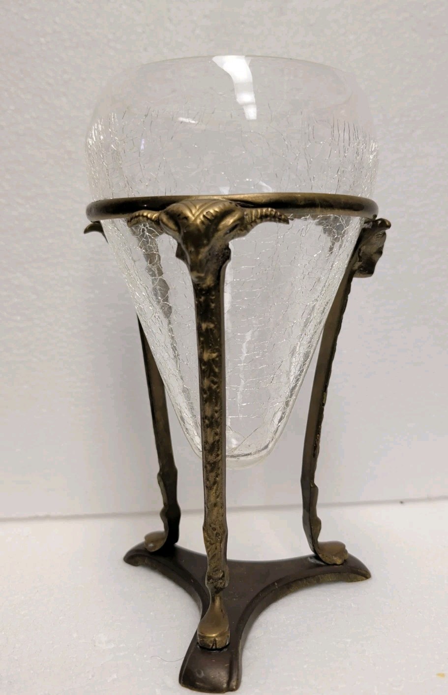 Blenko Art Deco Style Crackle Glass Vase /Rams Head Brass Stand 1960's 8 Blenko Art Deco Style Crackle Glass Vase /Rams Head Brass Stand 1960's 8