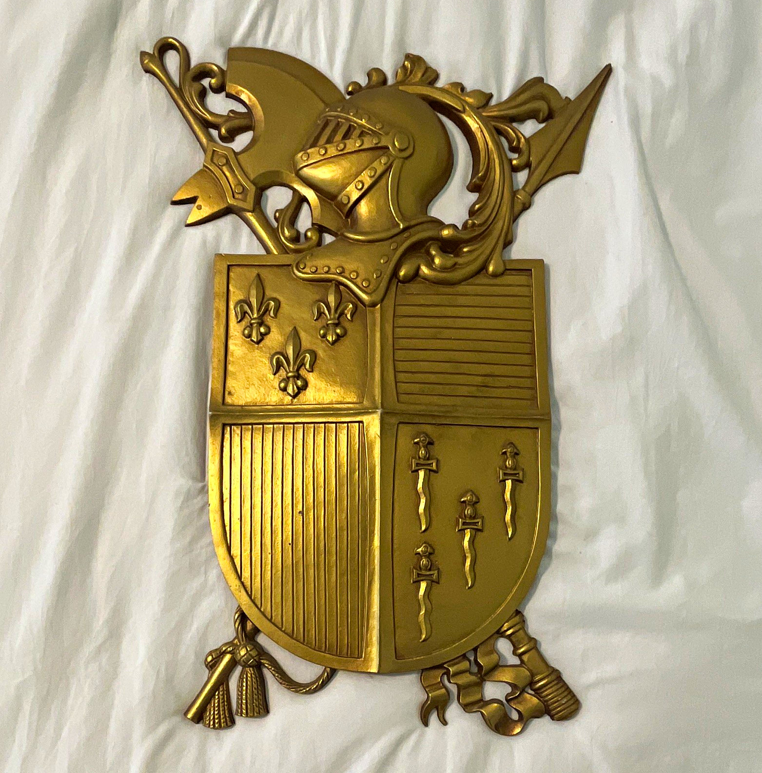 Sexton Medieval Gold Metal Heater Shield & Helmet Wall Plaque Repro