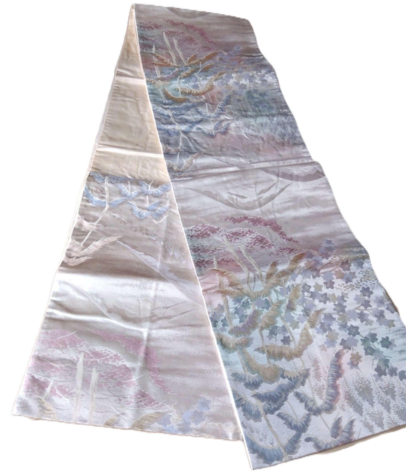 Vintage Japanese Silk Fukuro Obi Autumn Leaves & Snowy Mountain Scene 400cm
