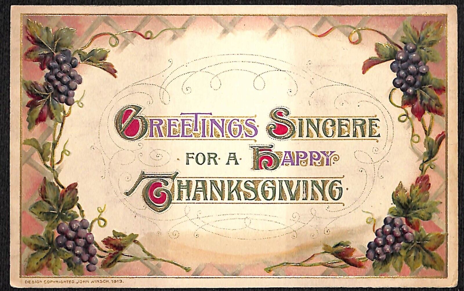 Happy Thanksgiving Sincere Greetings Postcard Grape Frame c1915 Embossed Winsch