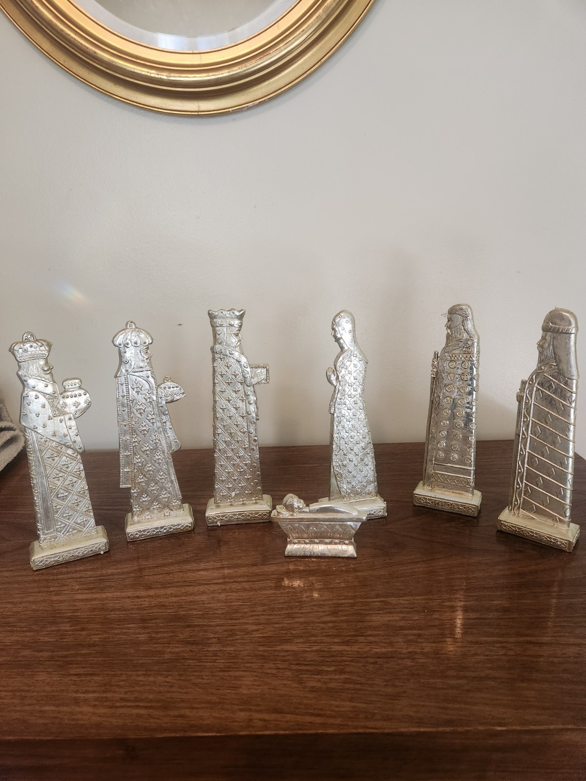 Medieval style Contemporary Nativity Set Silver Metallic Finish Rare, Heavy 2005