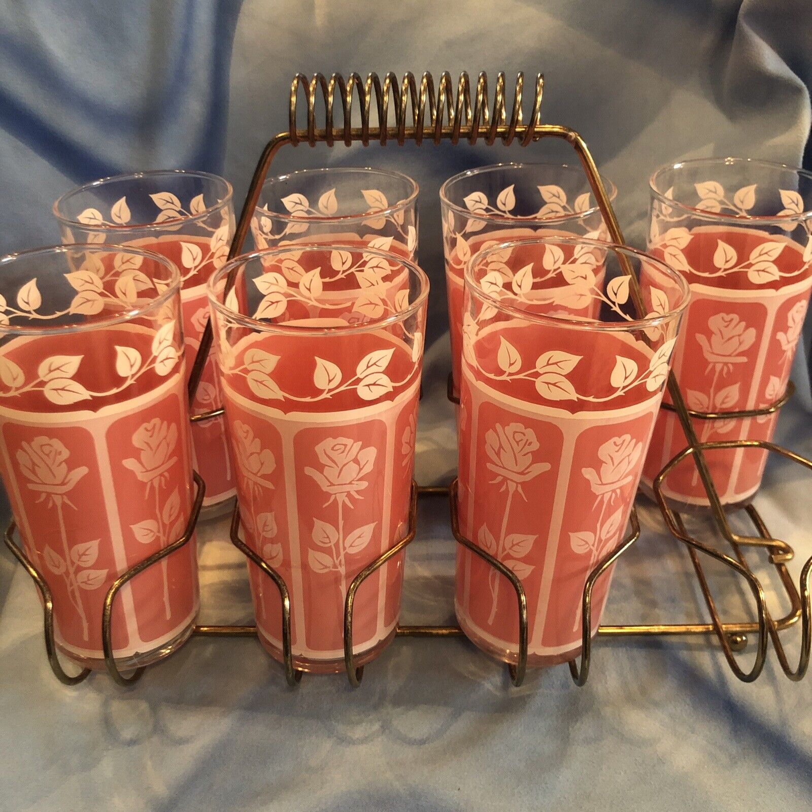 Vintage pink frosted glasses floral print 7 glasses with holder