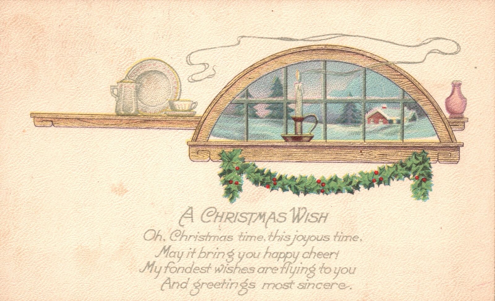Vintage Postcard 1920's A Christmas Wish Windows Decor Holiday Special Greetings