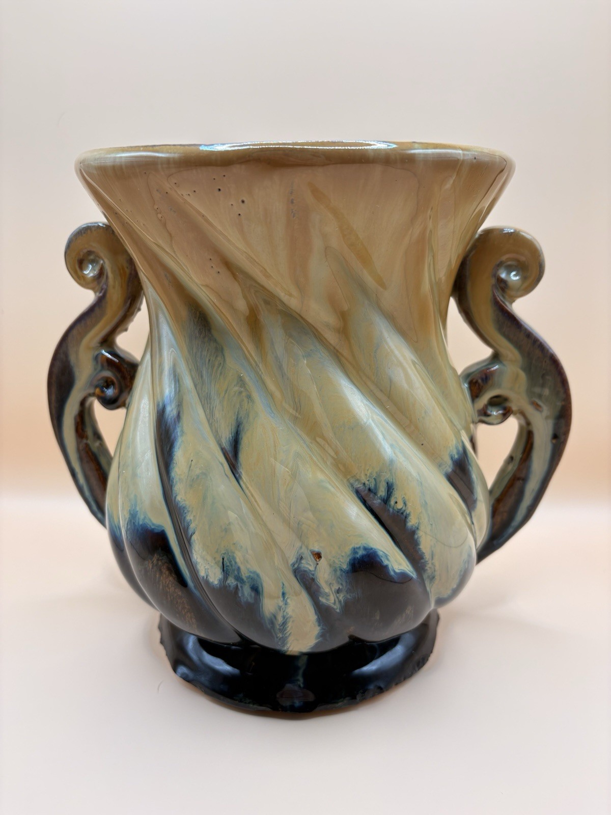 Vintage Two Handle Trophy Handle Vase Heavy Brown Green Slick Drip Glossy Glaze Vintage Two Handle Trophy Handle Vase Heavy Brown Green Slick Drip Glossy Glaze