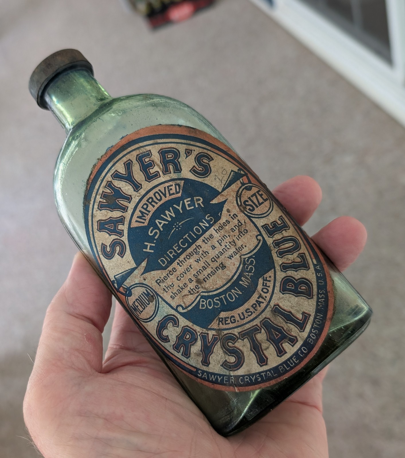 Vintage Sawyers Crystal Blue Bottle Boston Massachusetts Green Glass Label