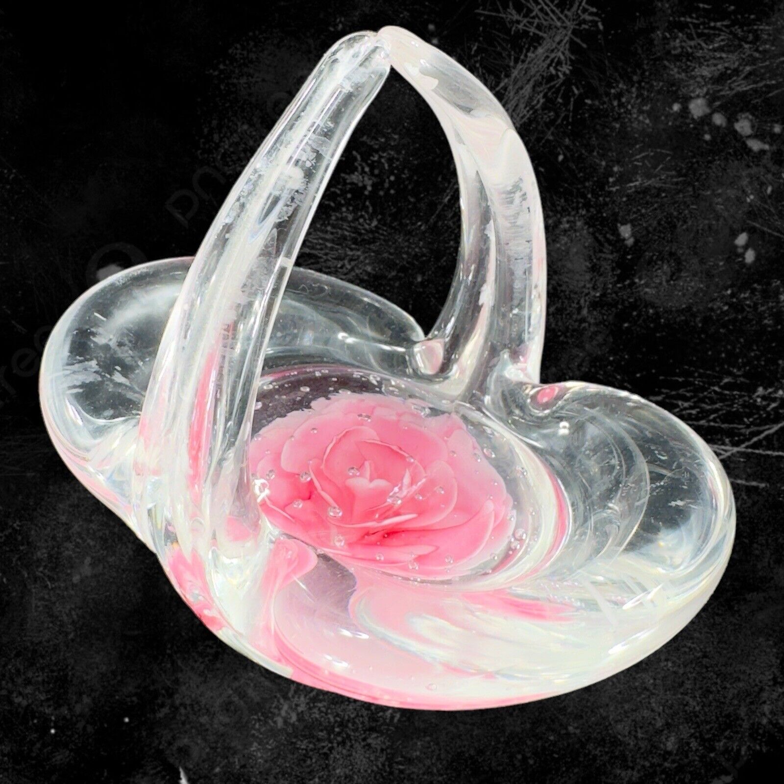 Hand Blown Art Glass Basket Pink Flower Small Bubbles Clear Edges Paperweight