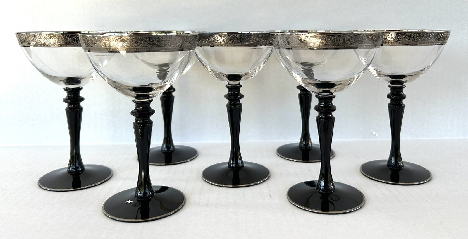 Maryland Glass Co Line 55 Platinum Rim Black Stem Champagne Glasses 6\