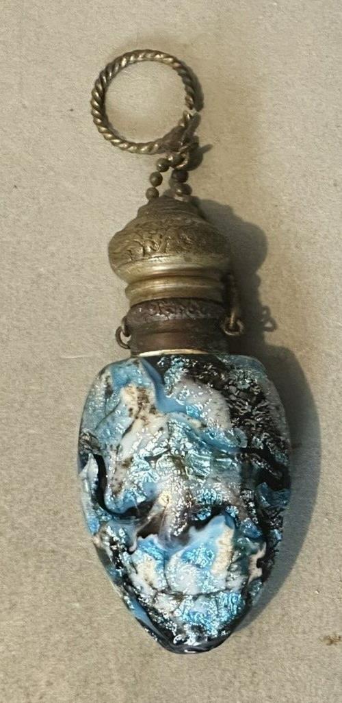 Antique Venetian Art Glass Chatelaine Perfume Scent Bottle with Jeweled Top