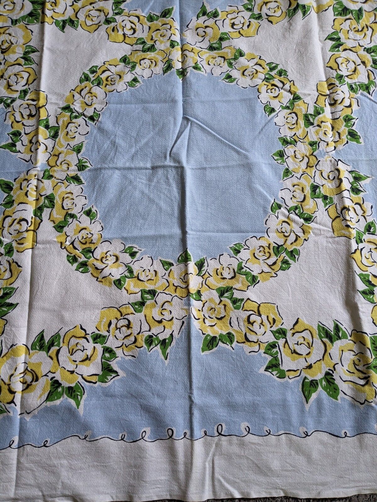 Vintage 50s Tablecloth Square Cotton 49 x 50 Blue Yellow Roses Selvedge EUC
