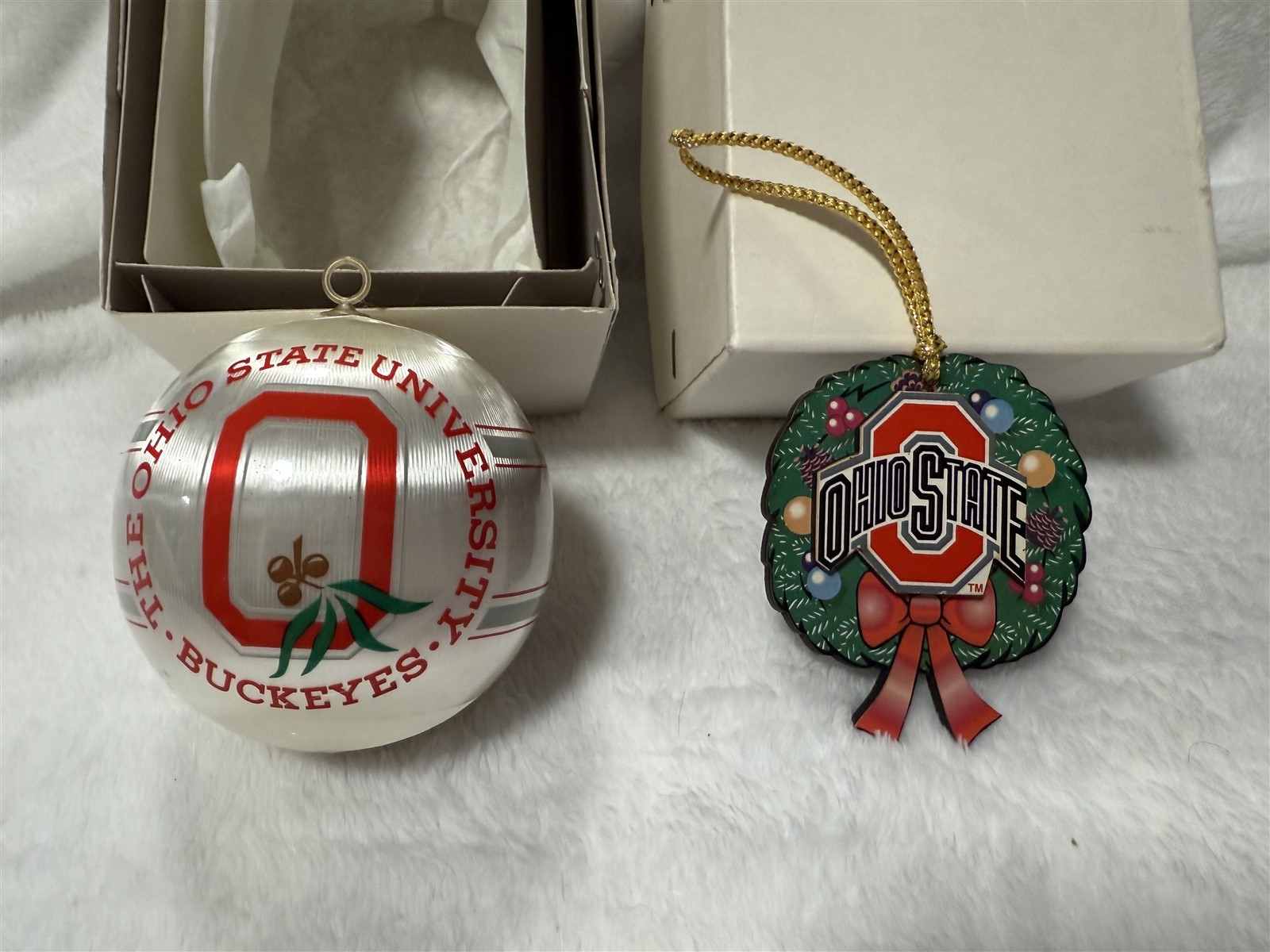 LOT OF 2 OHIO STATE UNIVERSITY BUCKEYES CHRISTMAS ORNAMENTS SATIN BALL & WREATH