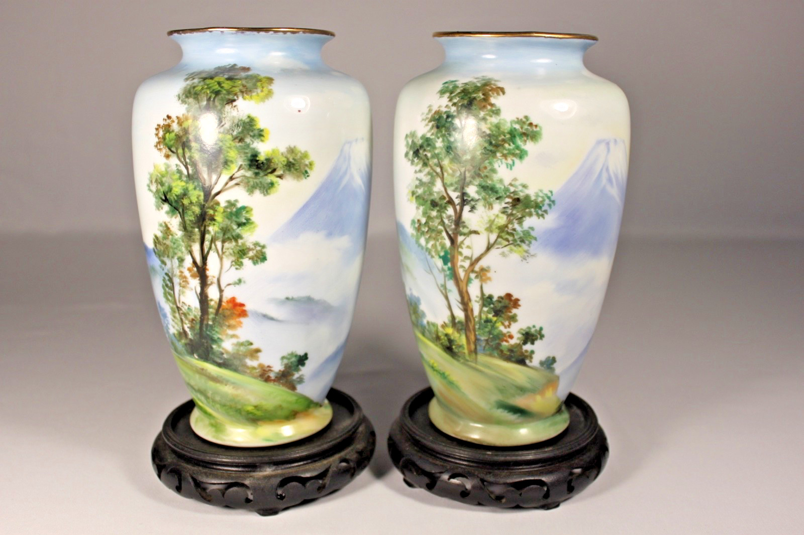 Antique Japanese Vases  Mt. Fuji Set 2 9 1/2\
