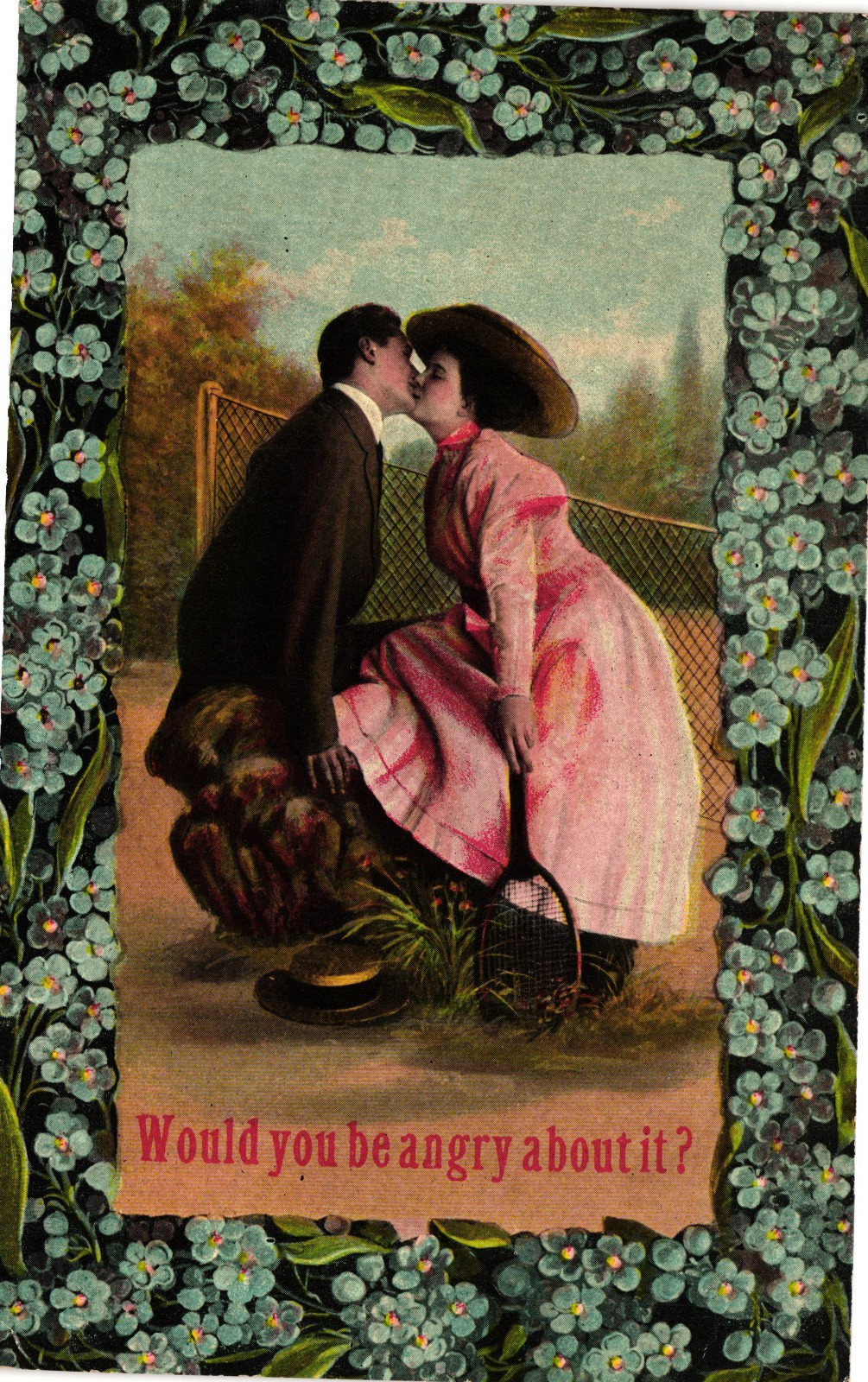 Antique Romantic Postcard Couple Kissing Would You Be Angry About It