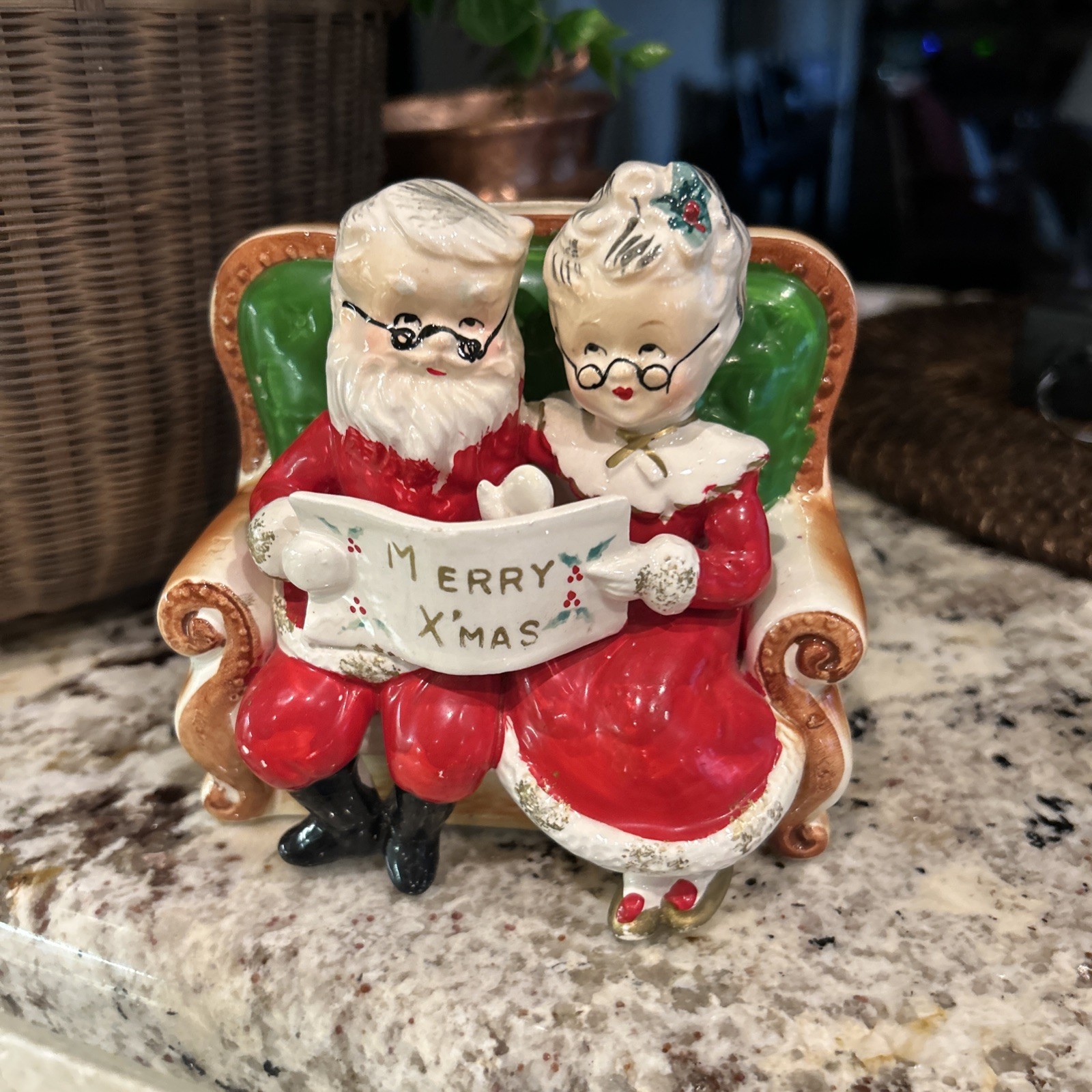 Vtg Mr. & Mrs. Claus Christmas Still Bank Figurine Ceramic Kitsch Japan 1950s