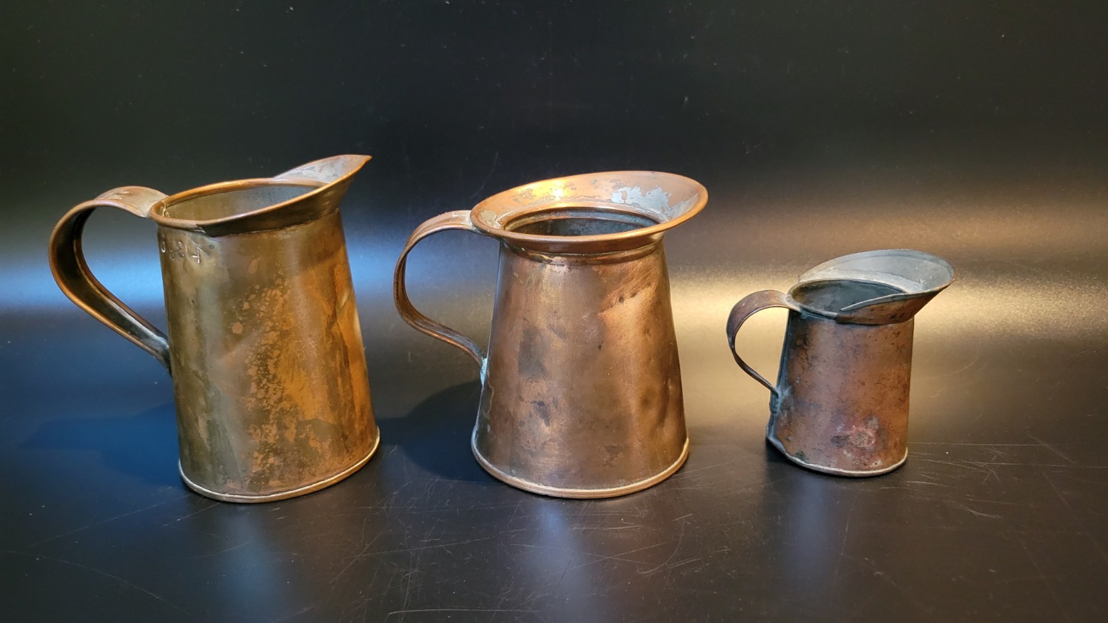 Antique Early Set of 3 Copper Cream Pitchers Copper & Tin Metal Small Pitchers Antique Early Set of 3 Copper Cream Pitchers Copper & Tin Metal Small Pitchers