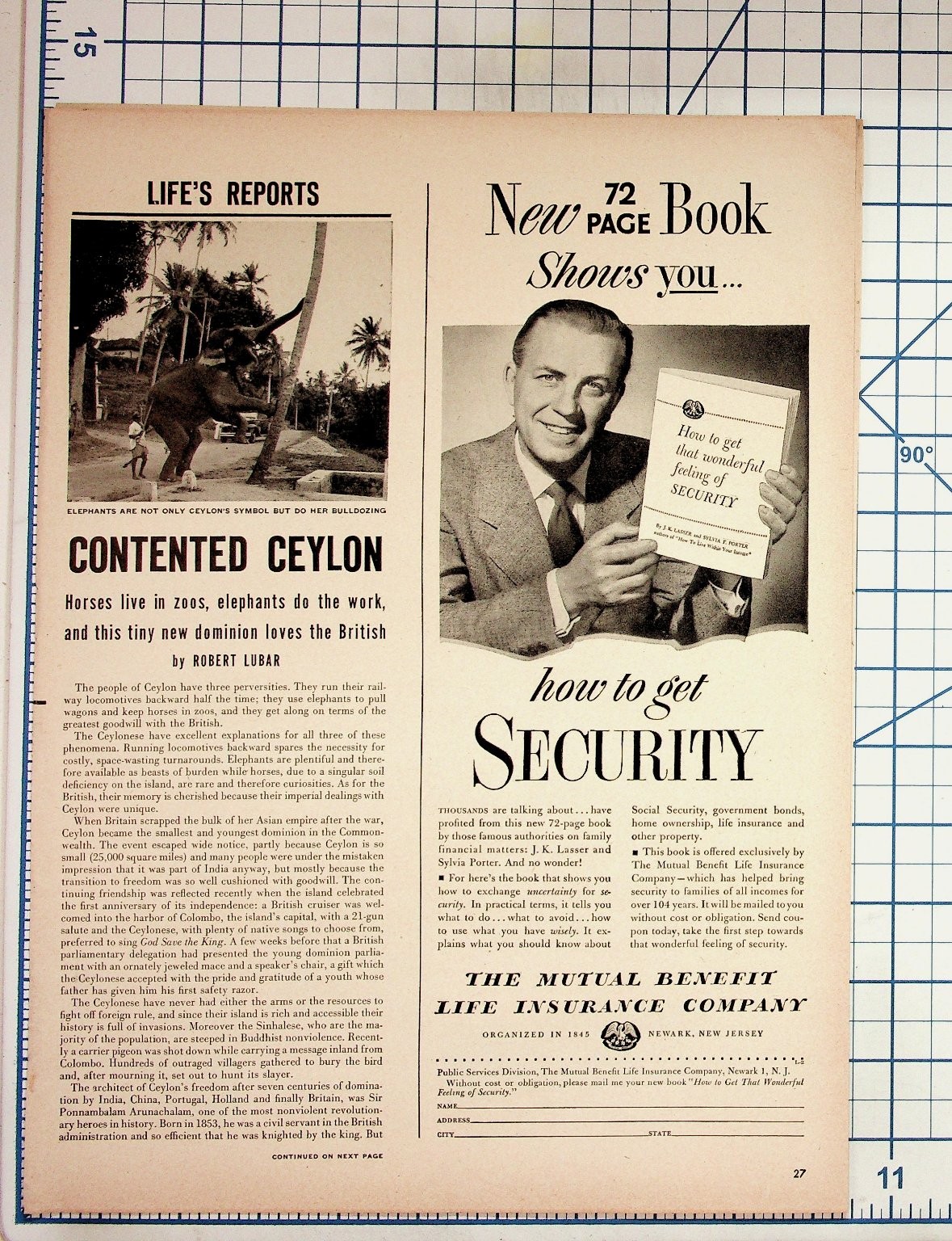 1950s LIFE Magazine Page Ceylon Elephants Mutual Benefit Life Insurance Ad