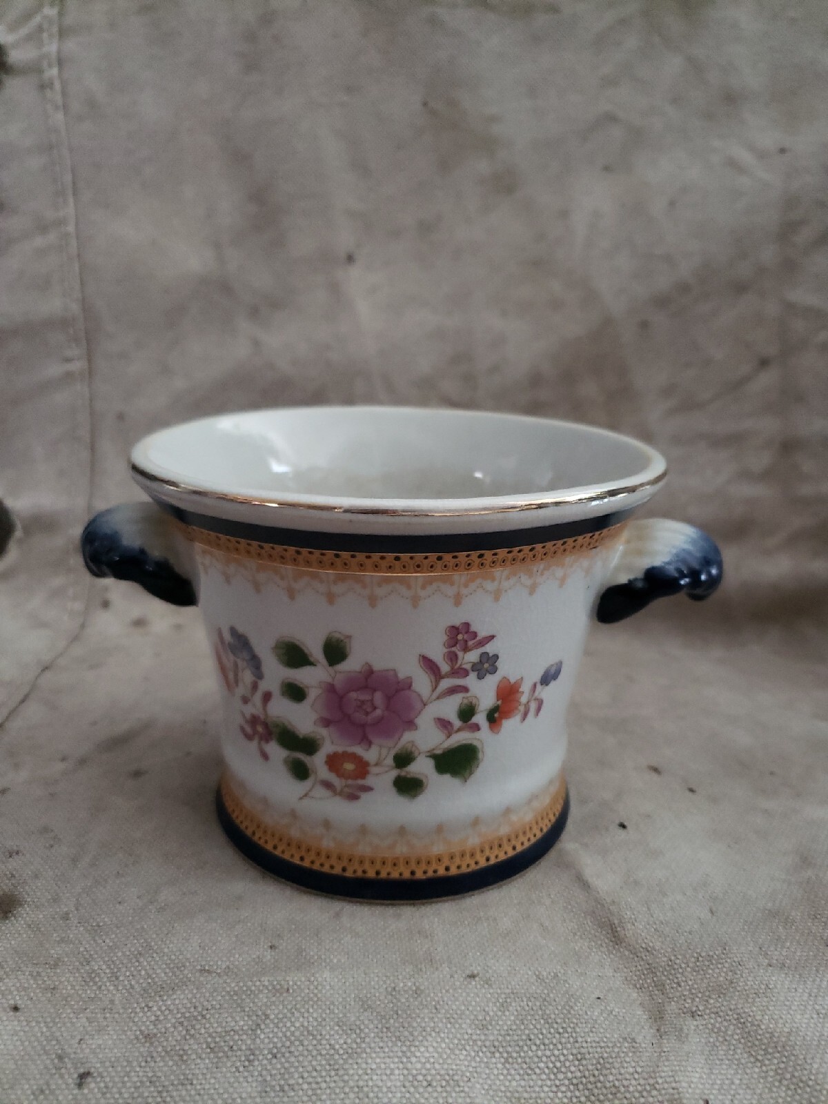 Vintage Floral Cachepot Planter Trimmed in Blue And Gold 4 1/2