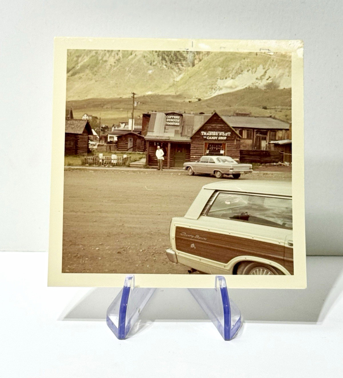 Vintage Snapshot Photo Street Scene Buildings Cars Mountains Color 3.5x3.5