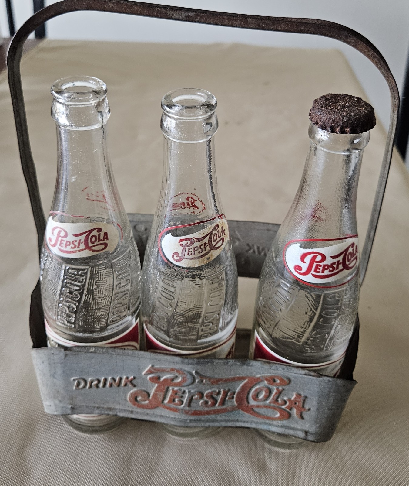 Vintage Pepsi Cola Metal Soda Bottle Carrier Holder With 3 Glass Bottles 40\'s