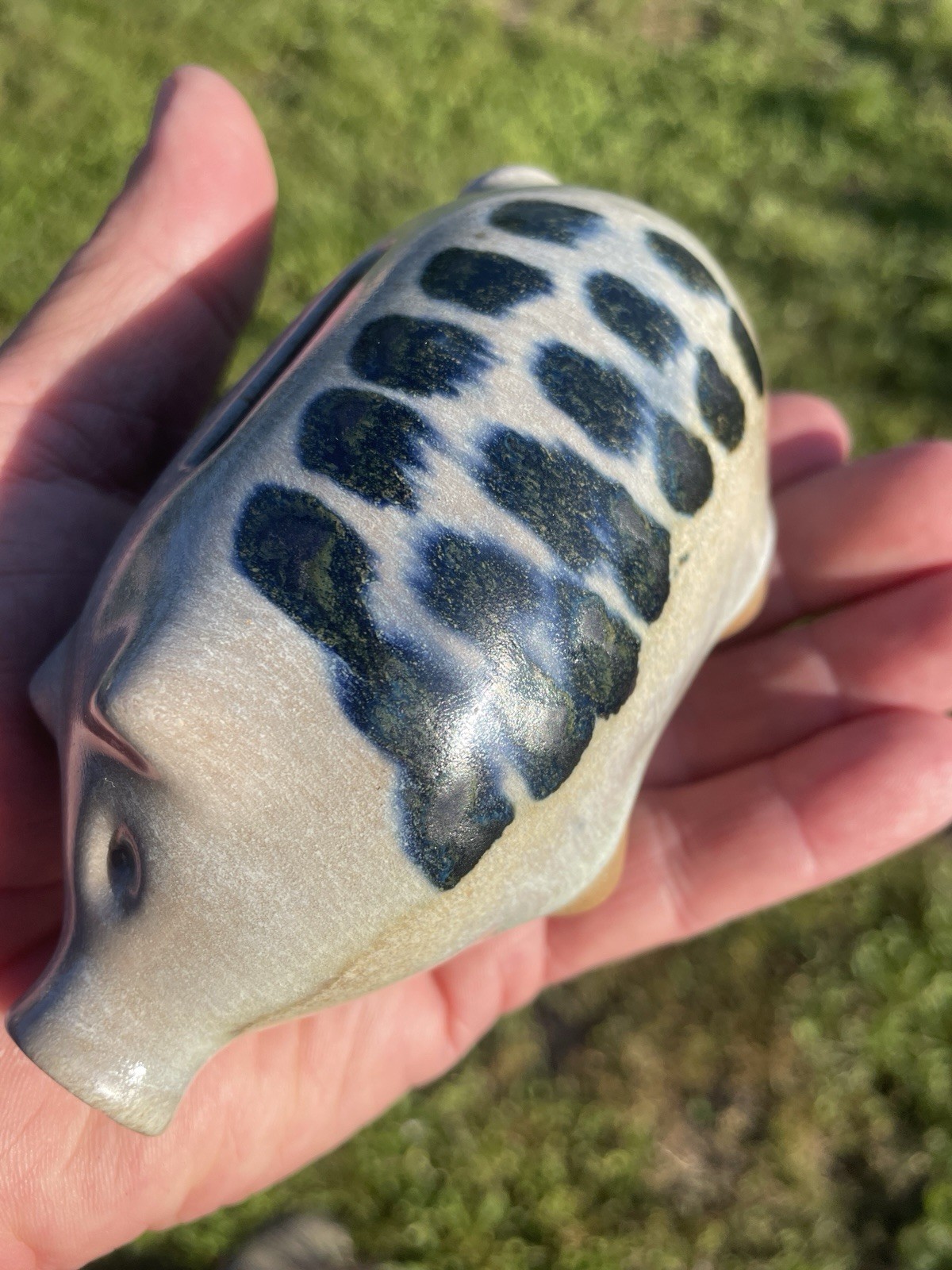 RARE 1960’s Vintage Peter Pots Blue Ceramic Piggy Bank Pig Hand Painted Folk-Art