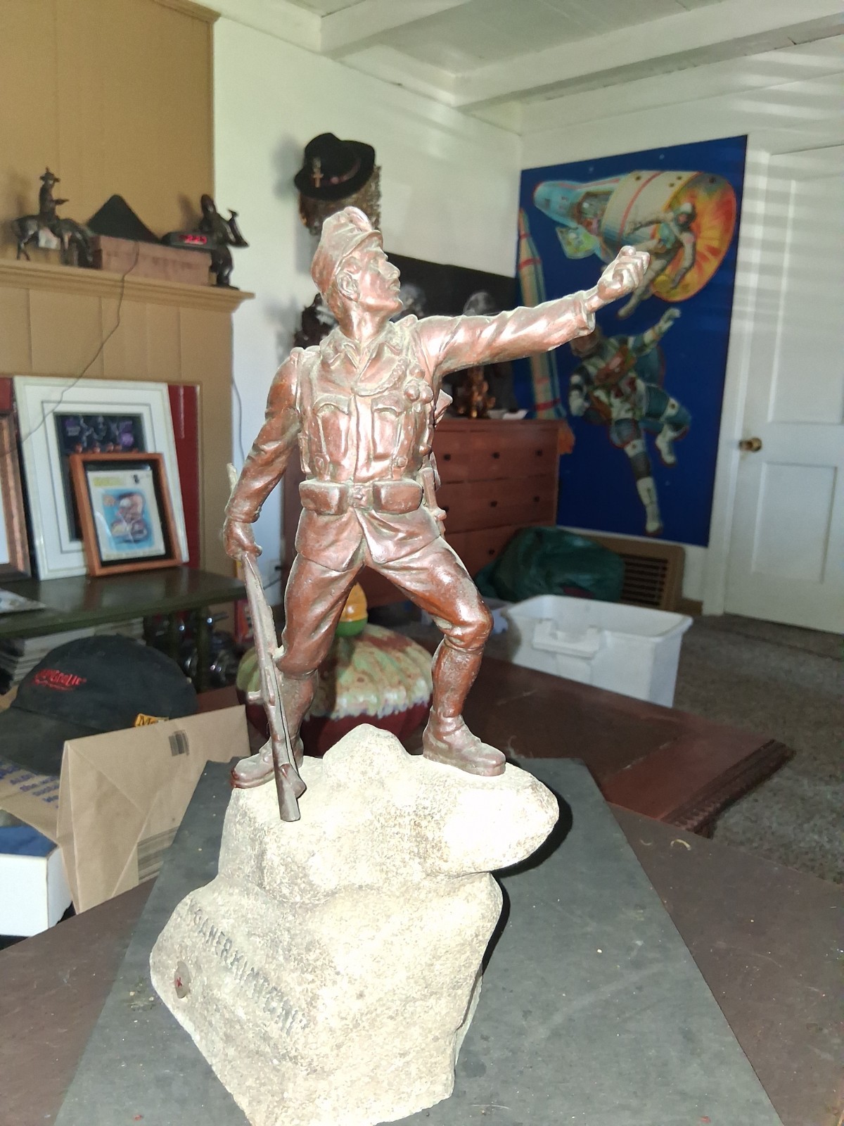 Antique German WW1 BRONZE ON STONE BASE 14 IN. SOLDIER STATUE EXCELLENT COND.