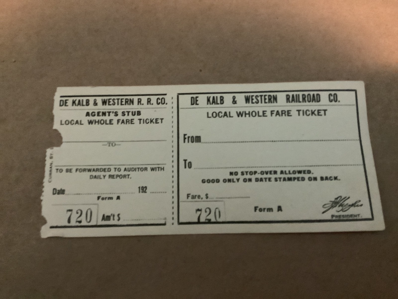 1920s Dekalb & Western Railroad Ticket