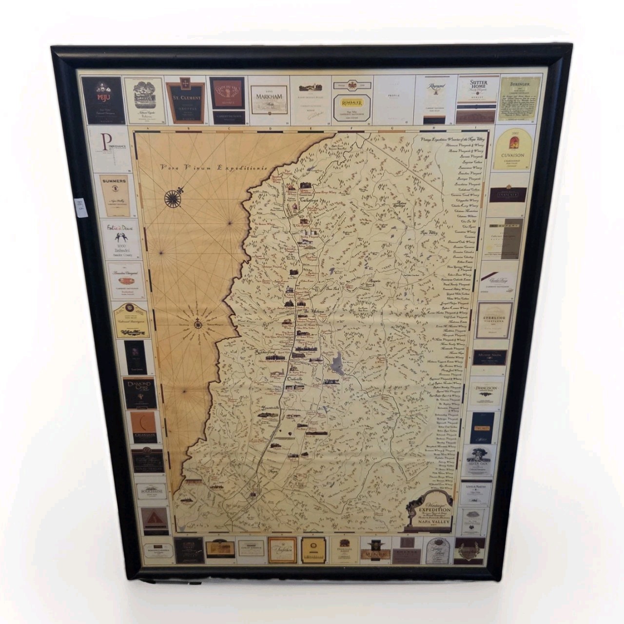 Vintage Expedition Napa Valley Winery Trail Map Framed  27.5\