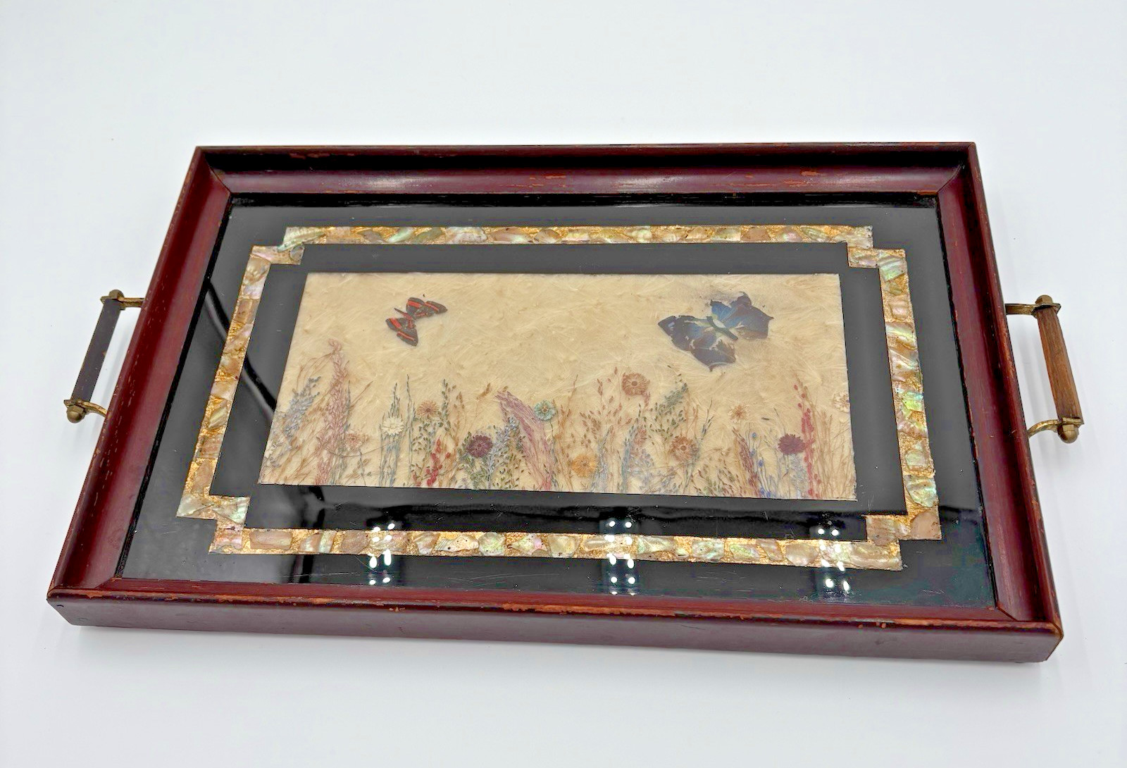 Vintage 1950s Butterflies And Flora Wing Wood Frame Tray