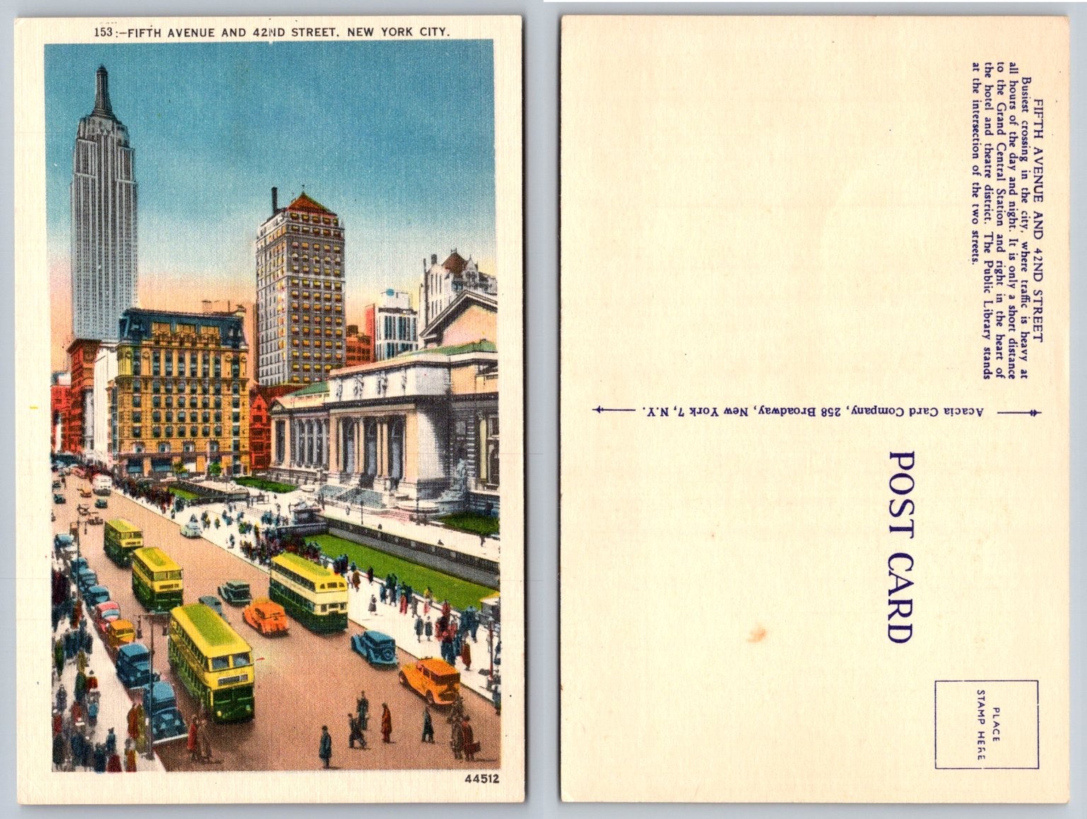 Vintage Fifth Ave & 42nd St NYC Postcard - Empire State Bldg, Public Library