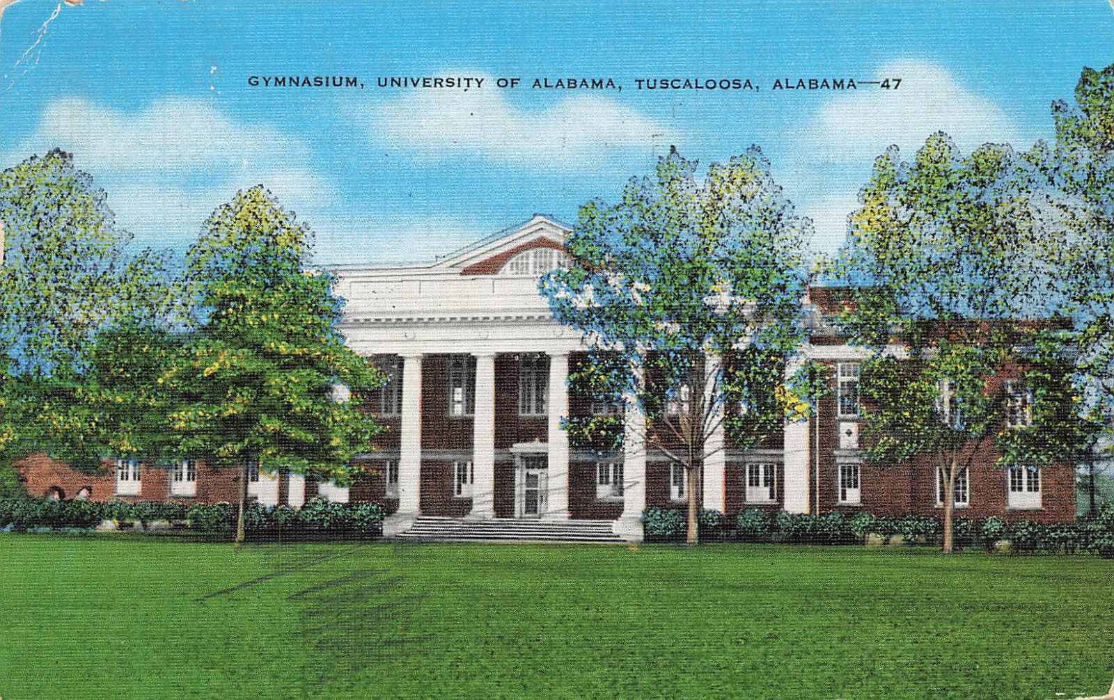 GYMNASIUM CAMPUS SCENE BLDG POSTCARD TUSCALOOSA AL UNIVERSITY OF ALABAMA 1940s