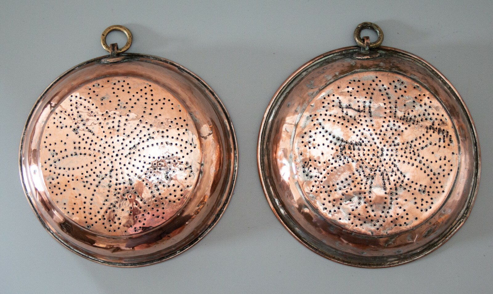 Pair Antique English Georgian Copper Wall Hanging Sieves Colanders Strainers