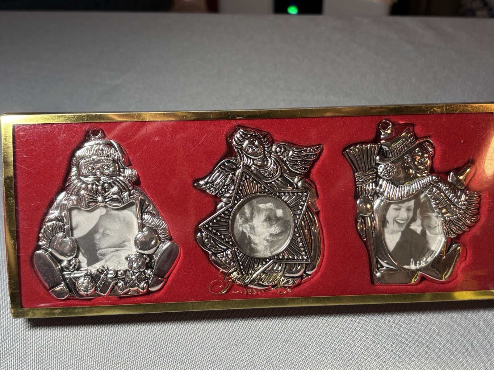 NIB Set 3 Gorham Silverplated Christmas Ornaments Photo Picture Frame 