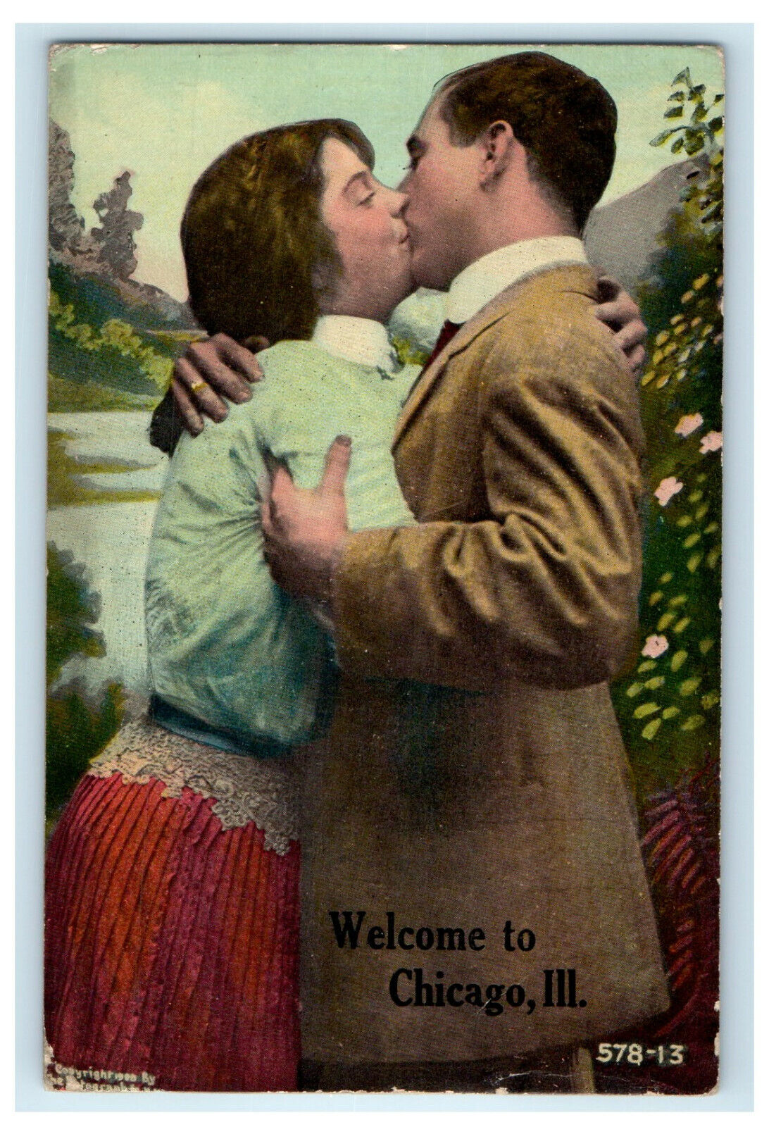 1911 Lovers Kissing, Welcome to Chicago Illinois IL Posted Antique Postcard